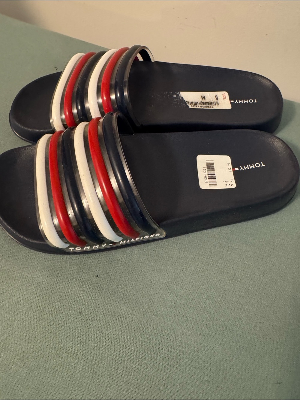 Tommy Hilfiger Striped Navy Slip-On Sandals with Red & White Accents - Picture 2 of 4